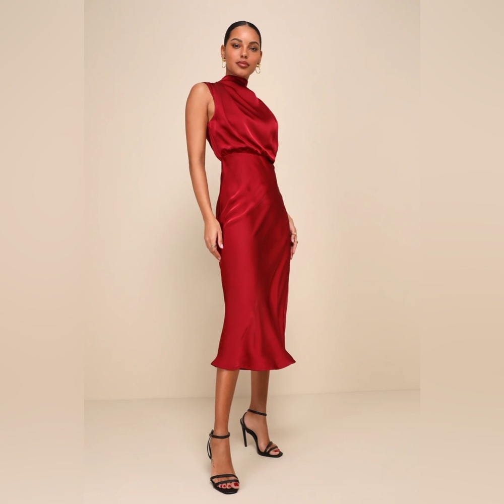 Lulus Distinctive Charm Burgundy Satin Asymmetrical Midi Dress - Picture 3 of 4